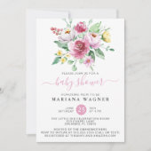 ピンクウォーター色フローラガールベビーシャワー 招待状 (正面)