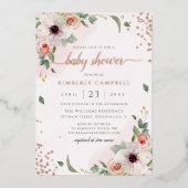 ピンクウォーター色フローラガールベビーシャワー 箔招待状 (正面)