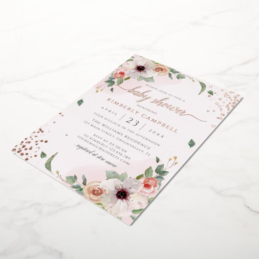 ピンクウォーター色フローラガールベビーシャワー 箔招待状 (回転した状態)