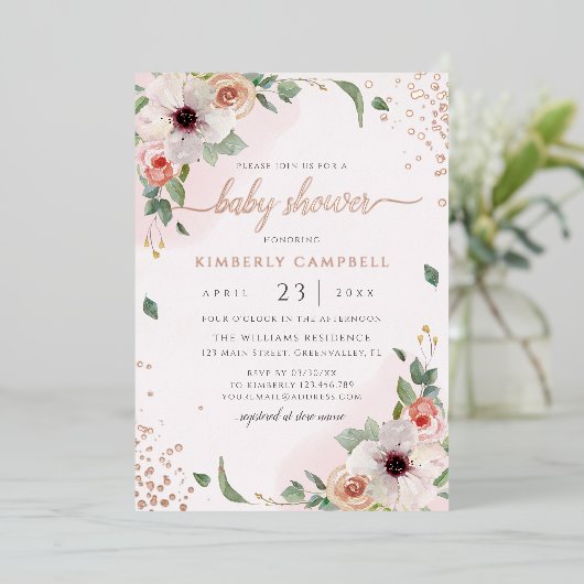 ピンクウォーター色フローラガールベビーシャワー 箔招待状 (立ち正面)