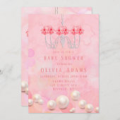 ピンクウォーター色フローラシャンデリア女の子ベビーシャワー 招待状 (正面/裏面)