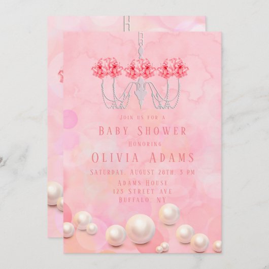ピンクウォーター色フローラシャンデリア女の子ベビーシャワー 招待状 (正面/裏面)