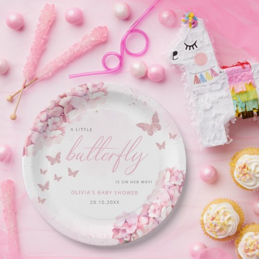 ピンクウォーター色フローラバタフライガールベビーシャワー ペーパープレート (パーティー)