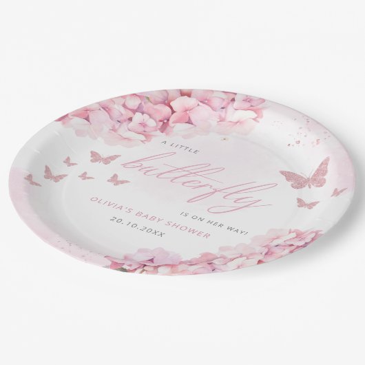ピンクウォーター色フローラバタフライガールベビーシャワー ペーパープレート (アングル)