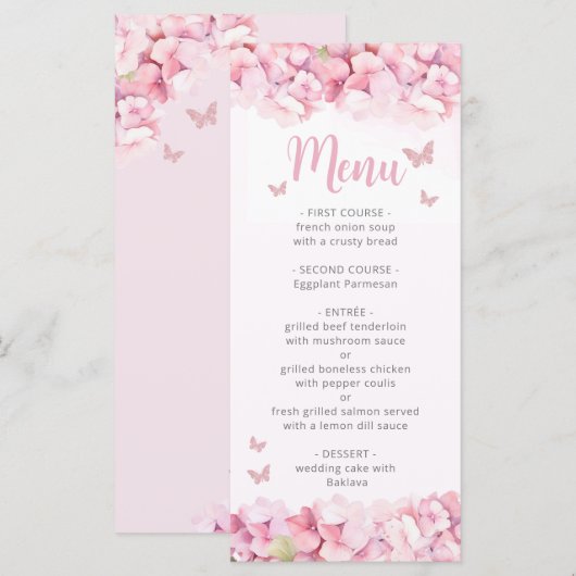 ピンクウォーター色フローラバタフライガールベビーシャワー メニュー (正面/裏面)