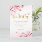 ピンクウォーター色フローラバタフライガールベビーシャワー 招待状 (スタンド正面)