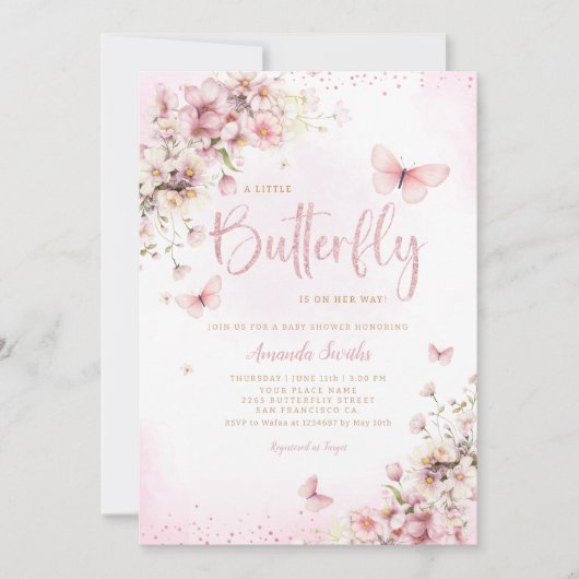 ピンクウォーター色フローラバタフライガールベビーシャワー 招待状 (正面)