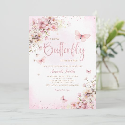 ピンクウォーター色フローラバタフライガールベビーシャワー 招待状 (スタンド正面)