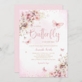 ピンクウォーター色フローラバタフライガールベビーシャワー 招待状 (正面/裏面)
