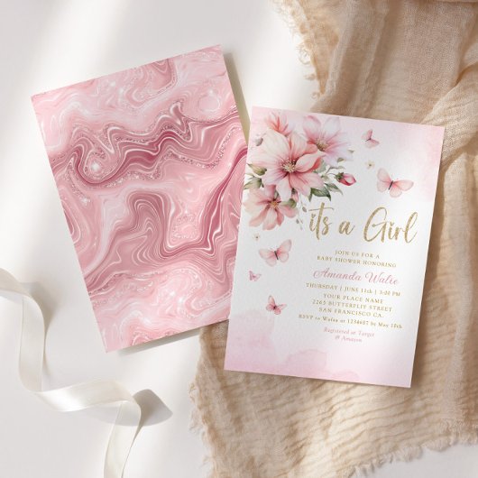 ピンクウォーター色フローラバタフライガールベビーシャワー 招待状