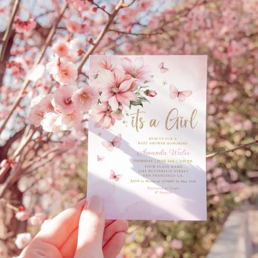 ピンクウォーター色フローラバタフライガールベビーシャワー 招待状