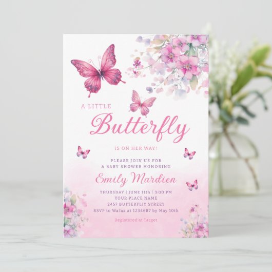 ピンクウォーター色フローラバタフライガールベビーシャワー 招待状 (スタンド正面)
