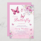 ピンクウォーター色フローラバタフライガールベビーシャワー 招待状 (正面/裏面)