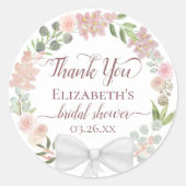 ピンクウォーター色フローラブライダルシャワーありがとう ラウンドシール (正面)