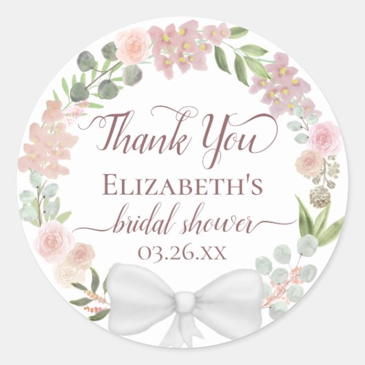 ピンクウォーター色フローラブライダルシャワーありがとう ラウンドシール (正面)