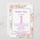 ピンクウォーター色フローラプレイドファースト誕生日 招待状 (正面)