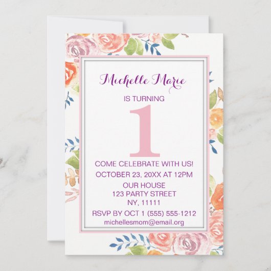 ピンクウォーター色フローラプレイドファースト誕生日 招待状 (正面)