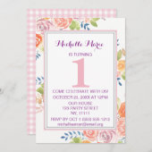 ピンクウォーター色フローラプレイドファースト誕生日 招待状 (正面/裏面)