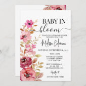 ピンクウォーター色フローラベビーイン開花ベビーシャワー 招待状 (正面/裏面)