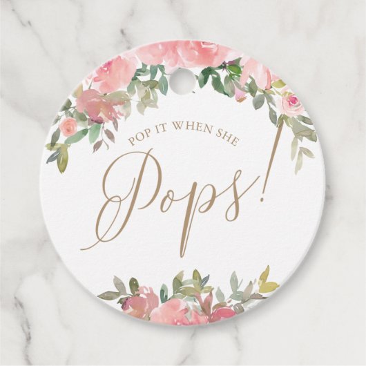 ピンクウォーター色フローラベビーシャワーワインボトル フェイバータグ (正面)