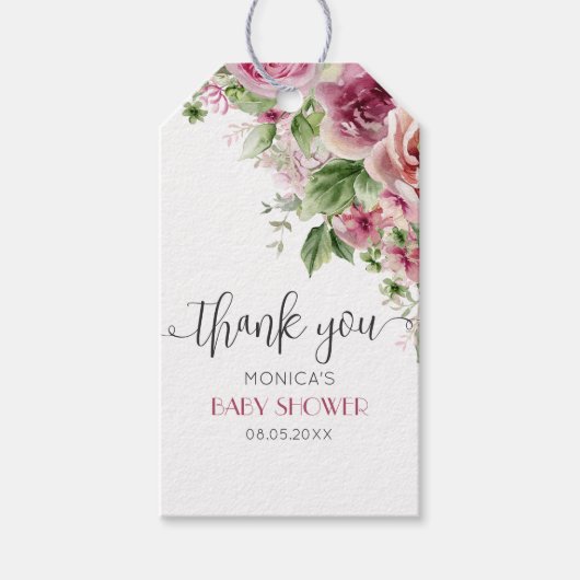 ピンクウォーター色フローラベビーシャワー ギフトタグ (正面)