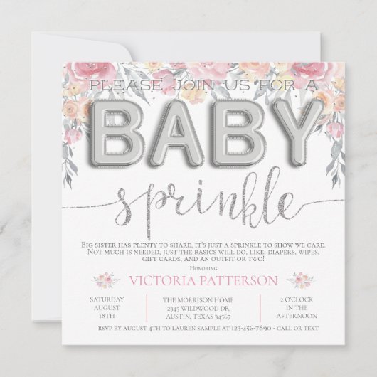 ピンクウォーター色フローラホイルバルーンベビー散布機 招待状 (正面)