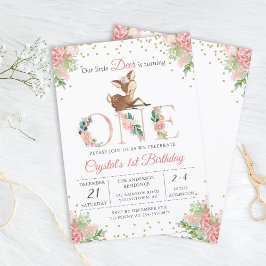 ピンクウォーター色フローラリトルディアファースト誕生日 招待状