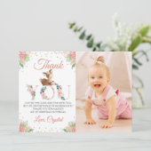 ピンクウォーター色フローラリトルディアー誕生日写真 サンキューカード (スタンド正面)