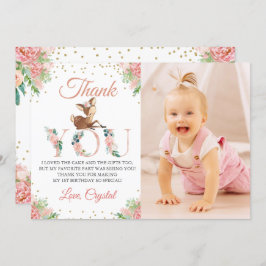 ピンクウォーター色フローラリトルディアー誕生日写真 サンキューカード