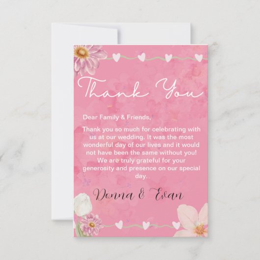 ピンクウォーター色フローラ結婚イラストレーション サンキューカード (正面)