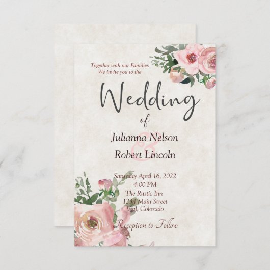 ピンクウォーター色フローラ結婚式招待状 招待状 (正面/裏面)