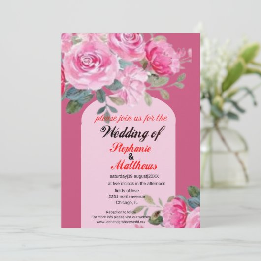 :ピンクウォーター色フローラ結婚式招待状 招待状 (スタンド正面)