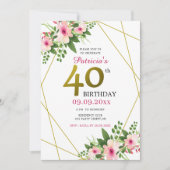 ピンクウォーター色フローラ金ゴールドグリッター40th誕生日 招待状 (正面)