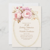 ピンクウォーター色フローラ金ゴールドフレーム80誕生日 招待状 (正面)