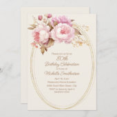 ピンクウォーター色フローラ金ゴールドフレーム80誕生日 招待状 (正面/裏面)