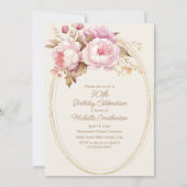 ピンクウォーター色フローラ金ゴールドフレーム90誕生日 招待状 (正面)