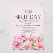 ピンクウォーター色フローラ100誕生日 招待状 (正面/裏面)