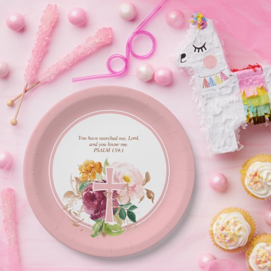 ピンクウォーター色フローラ&クロスバイブル聖句 ペーパープレート (パーティー)