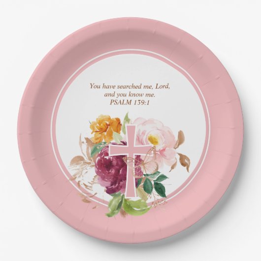 ピンクウォーター色フローラ&クロスバイブル聖句 ペーパープレート (正面)