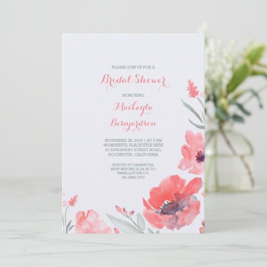ピンクウォーター色花模様かわいいブライダルシャワー 招待状 (スタンド正面)