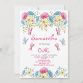 ピンクウォーター色蝶花模様誕生日 招待状 (正面)