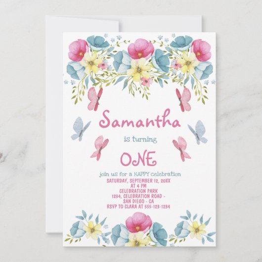 ピンクウォーター色蝶花模様誕生日 招待状 (正面)