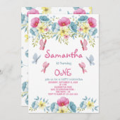 ピンクウォーター色蝶花模様誕生日 招待状 (正面/裏面)