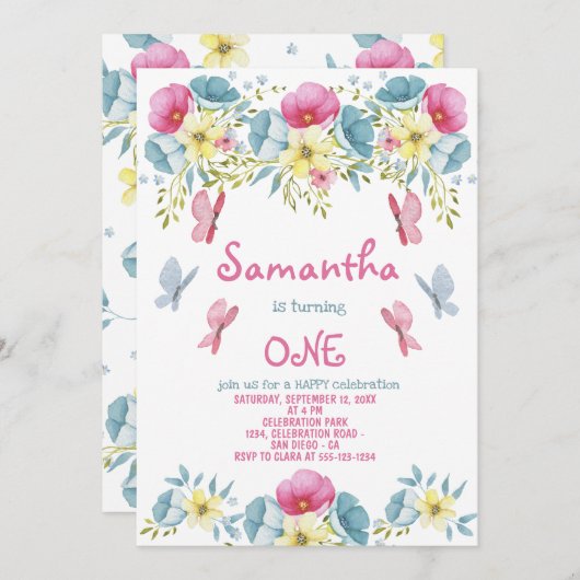 ピンクウォーター色蝶花模様誕生日 招待状 (正面/裏面)