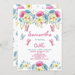 ピンクウォーター色蝶花模様誕生日 招待状