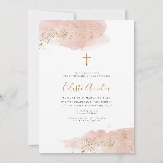 ピンクウォーター色金ゴールドクロスガールズバプテスマ 招待状 (正面)