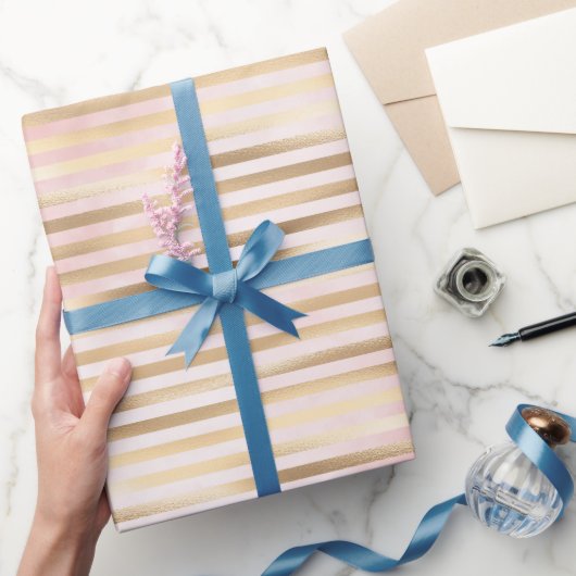 ピンクウォーター色金ゴールドグラムストライプズ ラッピングペーパー (ギフト)