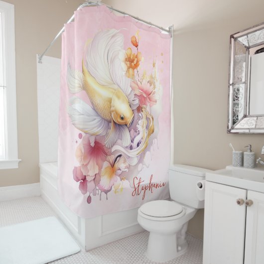 ピンクウォーター色金ゴールドコイ魚のフローラ パーソナライズされた シャワーカーテン (インサイチュ)