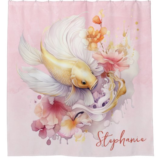 ピンクウォーター色金ゴールドコイ魚のフローラ パーソナライズされた シャワーカーテン (正面)