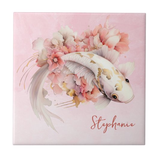 ピンクウォーター色金ゴールドコイ魚のフローラ パーソナライズされた タイル (正面)